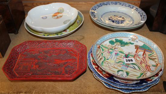 Famille Rose plate, 7 other Oriental plates & Cinibar dish